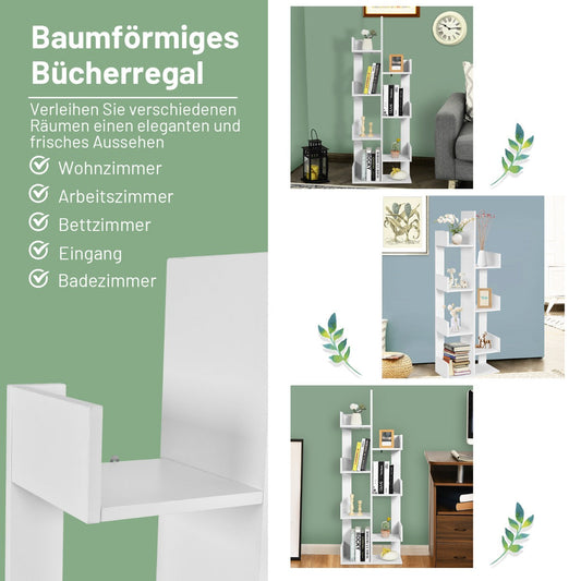 Tree-shaped bookcase with 8 compartments, standing shelf, storage shelf, 50 x 25 x 145 cm, white