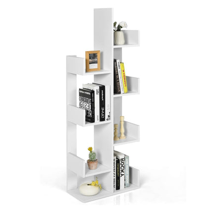 Tree-shaped bookcase with 8 compartments, standing shelf, storage shelf, 50 x 25 x 145 cm, white