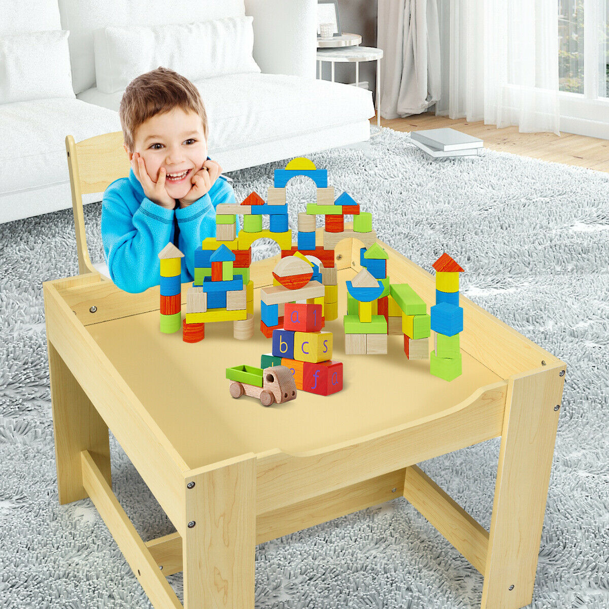 Children's Table and Chair Set with Storage Boxes-Beige