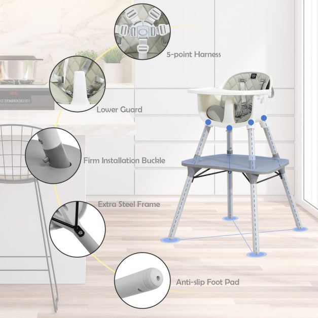 convertible Baby High Chair with 2-Position Removable Tray-Grey
