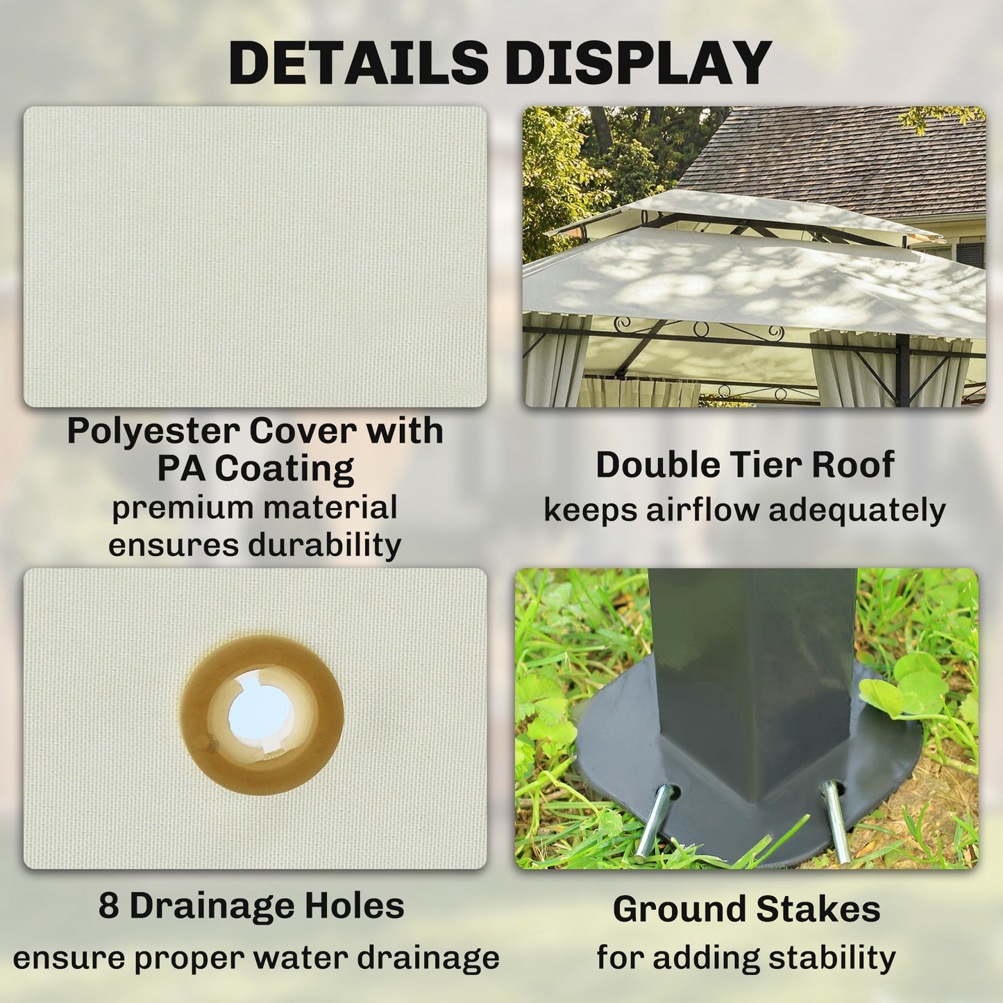 Outsunny 4m x 3(m)Garden Gazebo, Double Roof Outdoor Gazebo Canopy Shelter with Curtains, Solid Steel Frame for Lawn and Deck, Beige