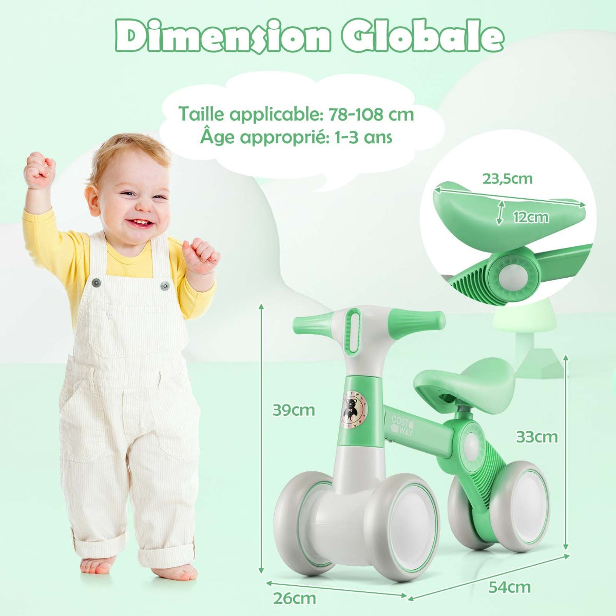 Cute baby balance bike 4-wheel childrens bicycle without pedals 55.5 x 26 x 39 cm Green