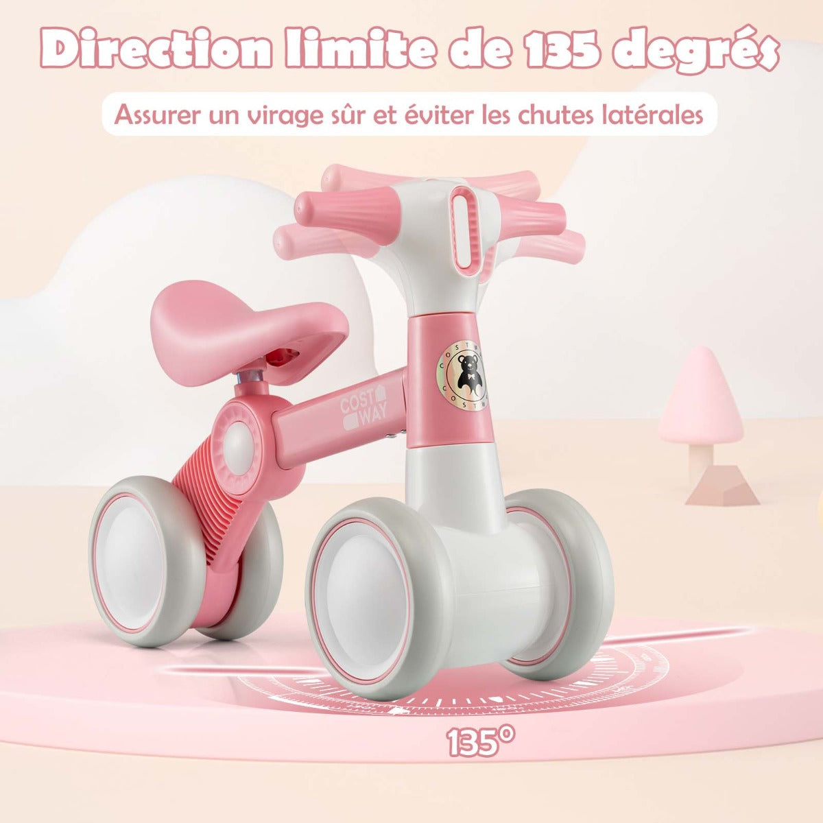 Cute baby balance bike 4-wheel children's bicycle without pedals 55.5 x 26 x 39 cm pink