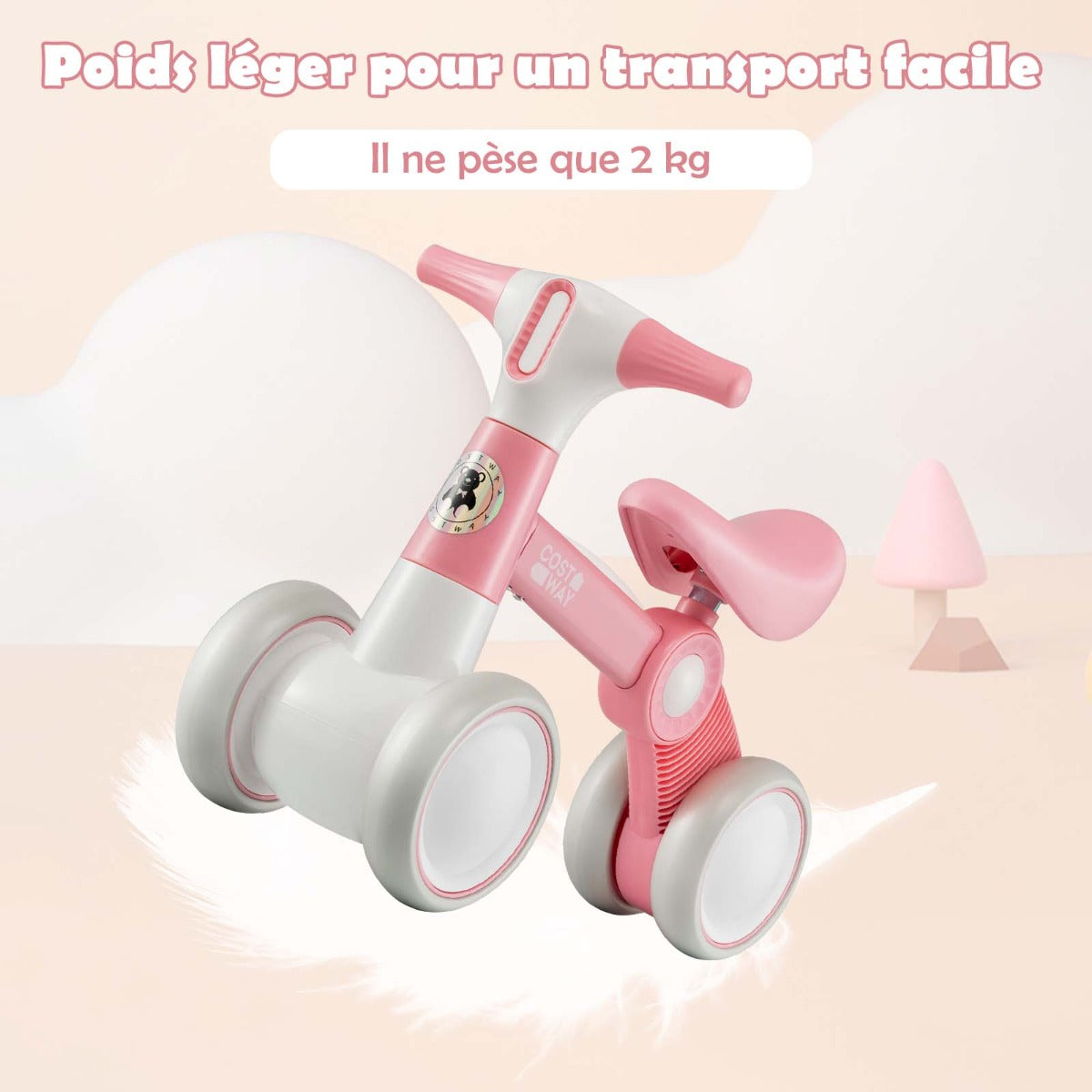 Cute baby balance bike 4-wheel children's bicycle without pedals 55.5 x 26 x 39 cm pink