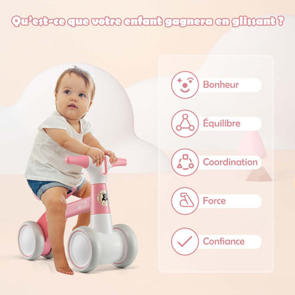 Cute baby balance bike 4-wheel children's bicycle without pedals 55.5 x 26 x 39 cm pink
