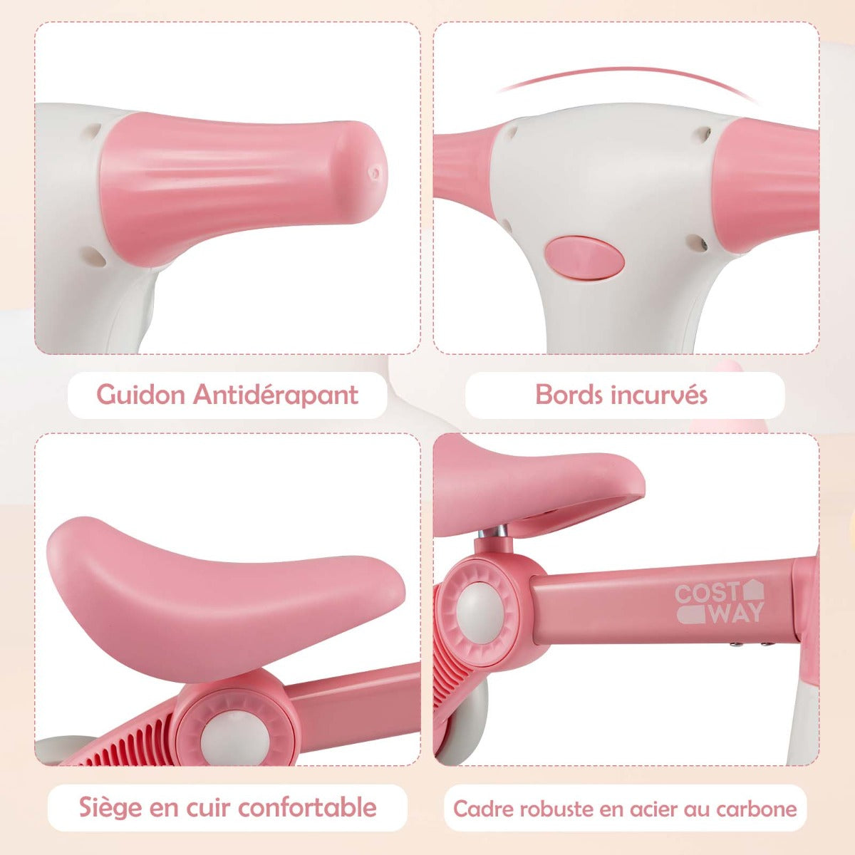 Cute baby balance bike 4-wheel children's bicycle without pedals 55.5 x 26 x 39 cm pink