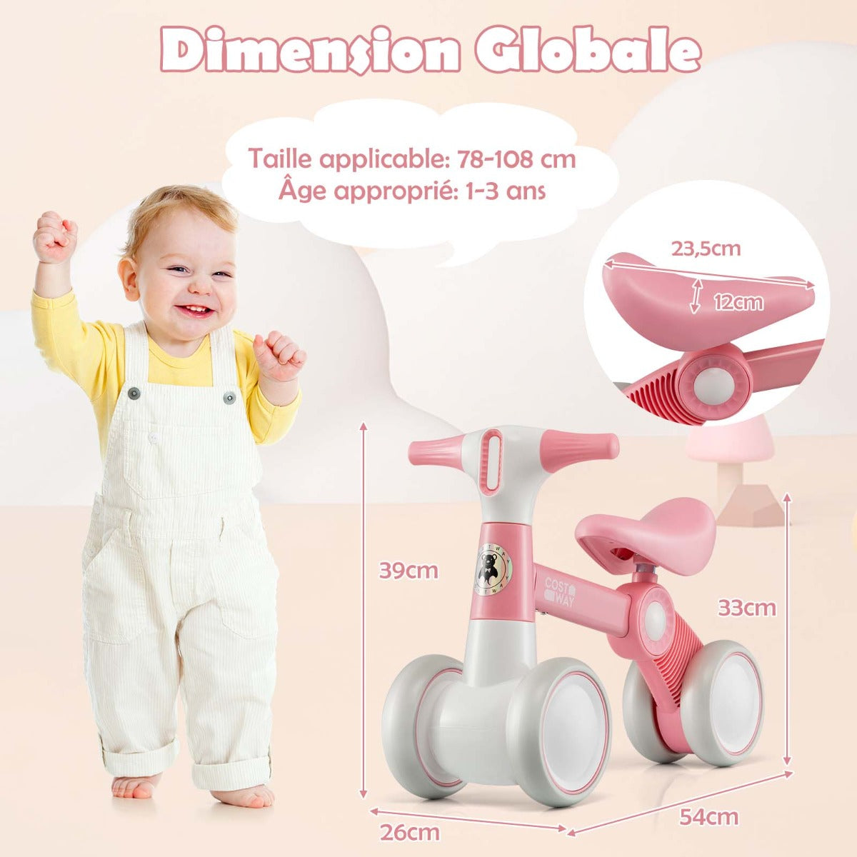 Cute baby balance bike 4-wheel children's bicycle without pedals 55.5 x 26 x 39 cm pink