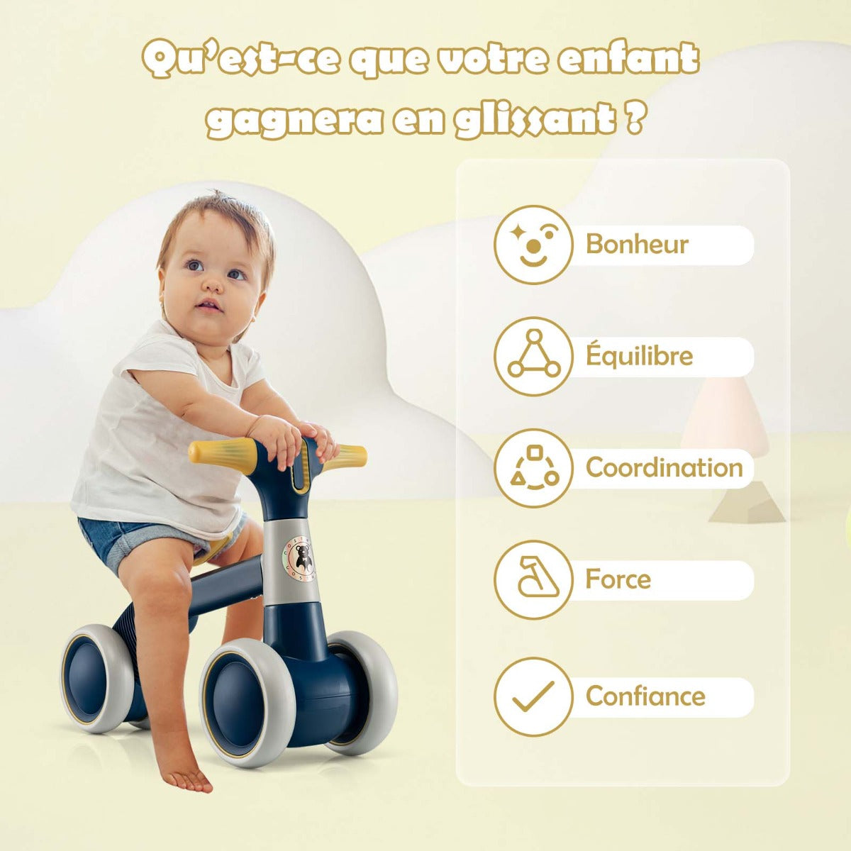 Baby balance bike 4-wheel childrens bicycle without pedals 55.5 x 26 x 39 cm Dark Gray + Yellow