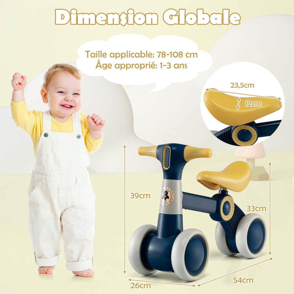 Baby balance bike 4-wheel childrens bicycle without pedals 55.5 x 26 x 39 cm Dark Gray + Yellow