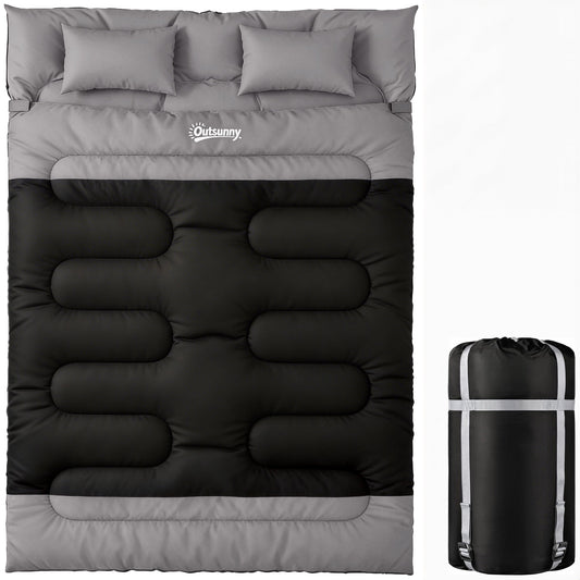 Outsunny Double Sleeping Bag with 2 Pillows, 220 x 160 cm Extra-Large Sleeping Bag for Adults, Black and Grey