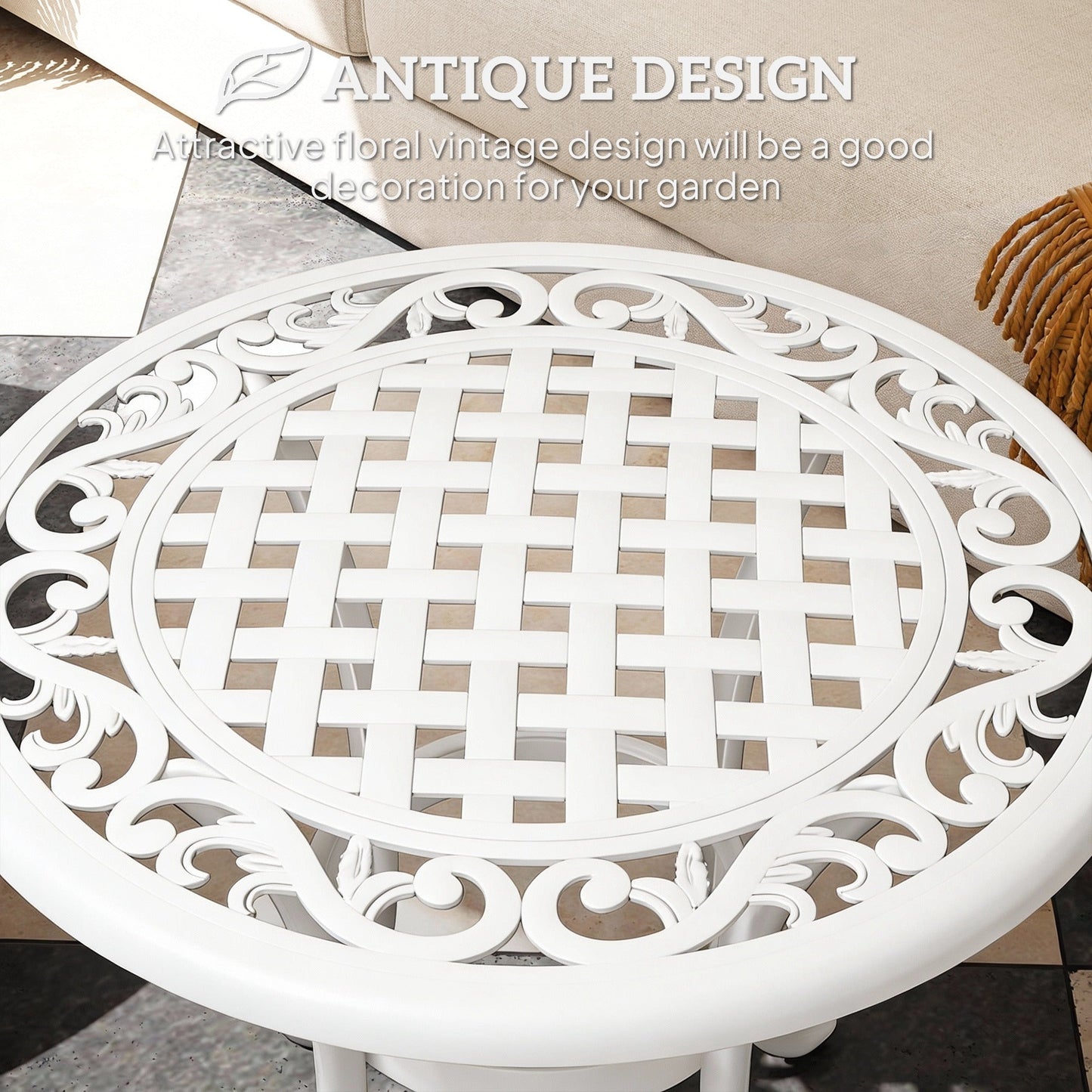 Outsunny 60 cm Round Garden Table, Cast Aluminium Outdoor Patio Table, White