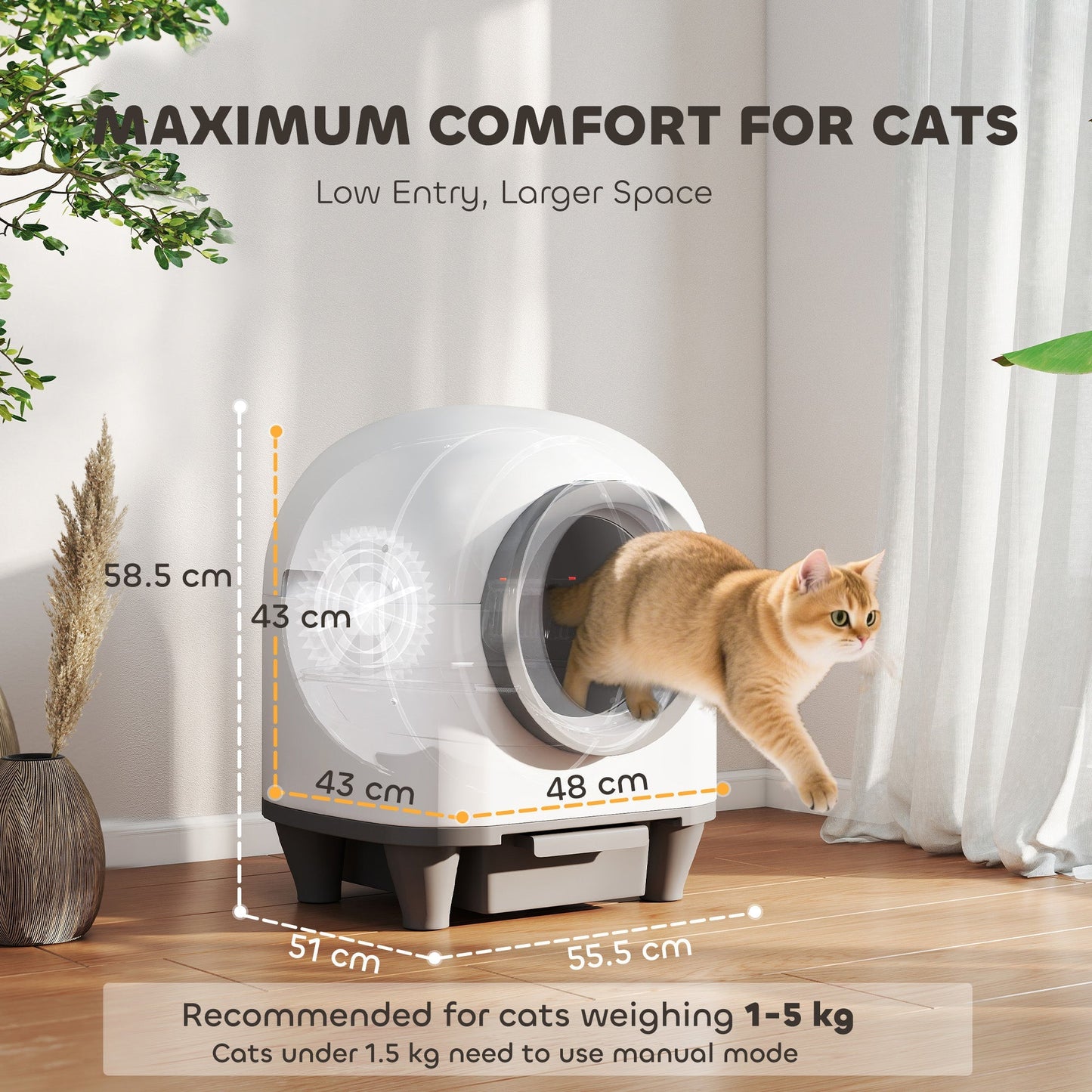 PawHut 80L Extra Large Self Cleaning Cat Litter Tray with APP Control, Safety Protection, Odor Removal, Rubbish Bag for Multiple Kittens