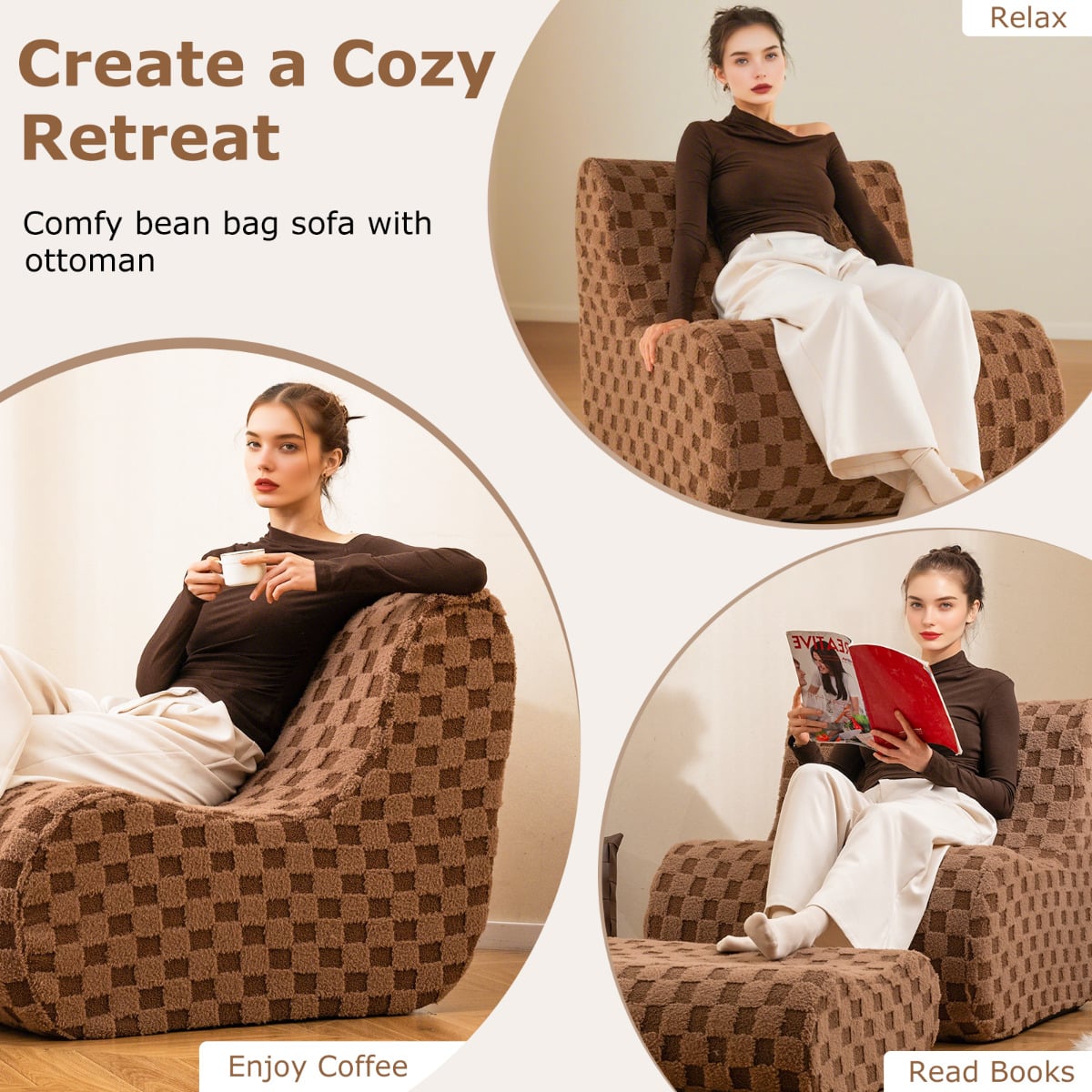 Bean Bag Chair with Ottoman Accent Lazy Sofa Chair Set-Brown