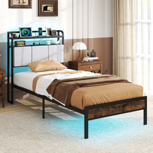 King Size Double Size Bed Frame with LED Light and Charging Station-Single Size