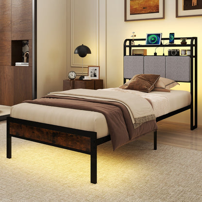 King Size Double Size Bed Frame with LED Light and Charging Station-Single Size