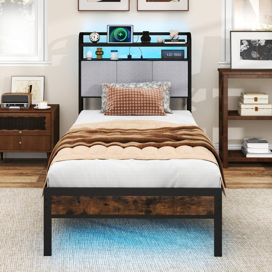 King Size Double Size Bed Frame with LED Light and Charging Station-Single Size