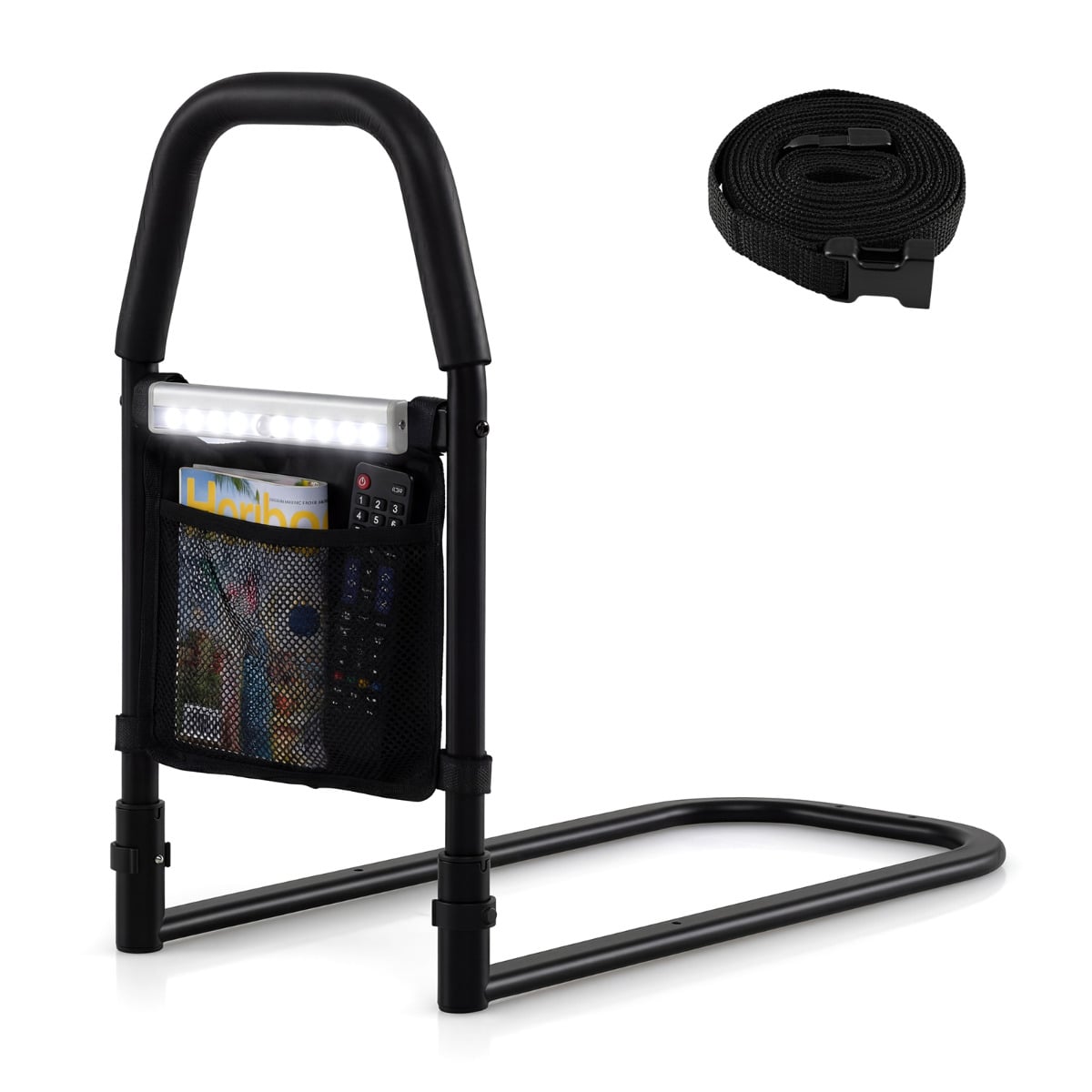 Bed Rails with Motion Sensor Light and Storage Pocket for Elderly Adults-Black