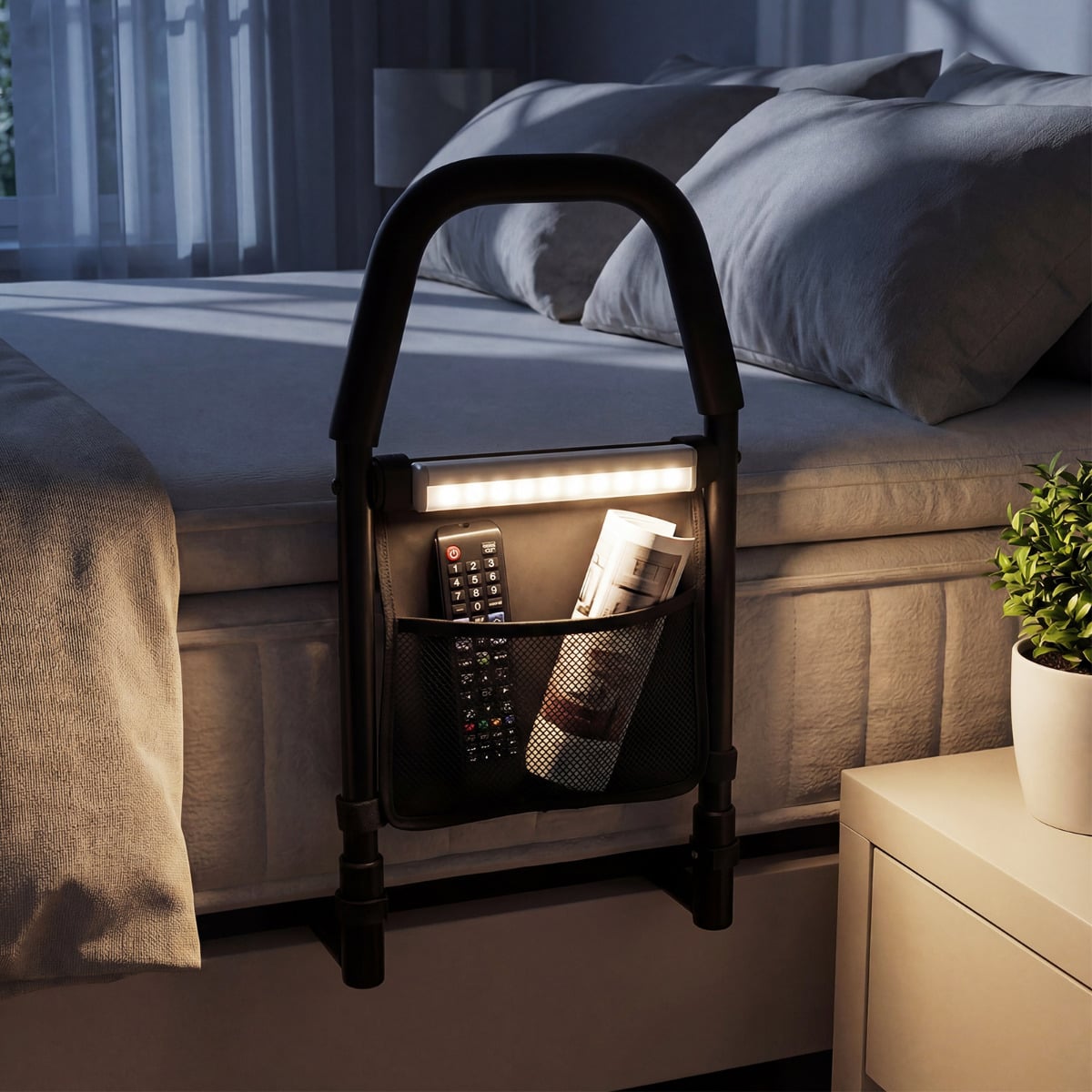 Bed Rails with Motion Sensor Light and Storage Pocket for Elderly Adults-Black