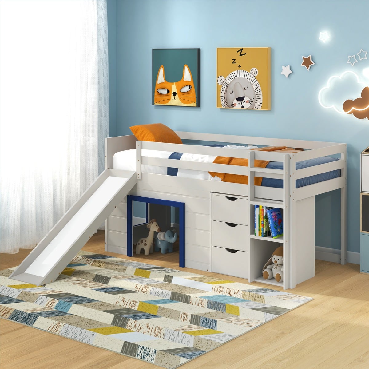 Single Size Pine Wood Loft Bed with Slide and Ladder and Game House-Blue
