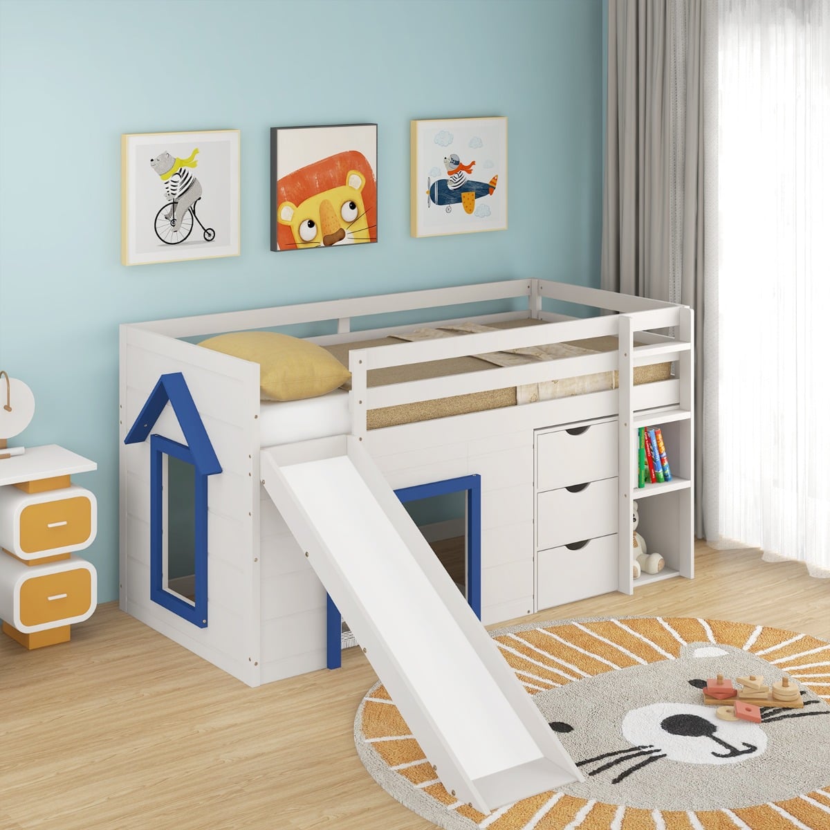 Single Size Pine Wood Loft Bed with Slide and Ladder and Game House-Blue