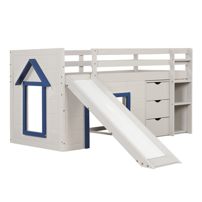 Single Size Pine Wood Loft Bed with Slide and Ladder and Game House-Blue