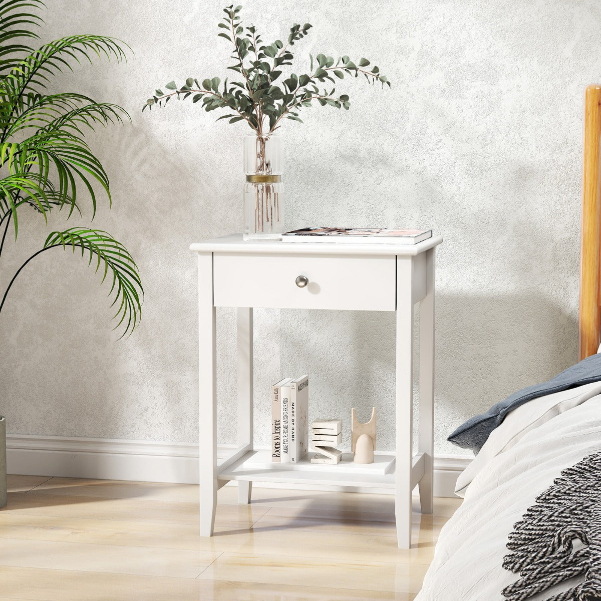 Set of 2 Bedside Couch Sofa Table with Sliding Drawer-White-1 Piece