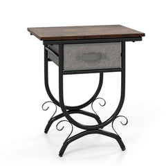 2-Tier Industrial Bedside Table with Fabric Drawer and Wood Top