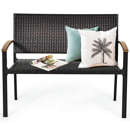 2-Person Outdoor Garden Stackable Bench with Acacia Wood Armrests