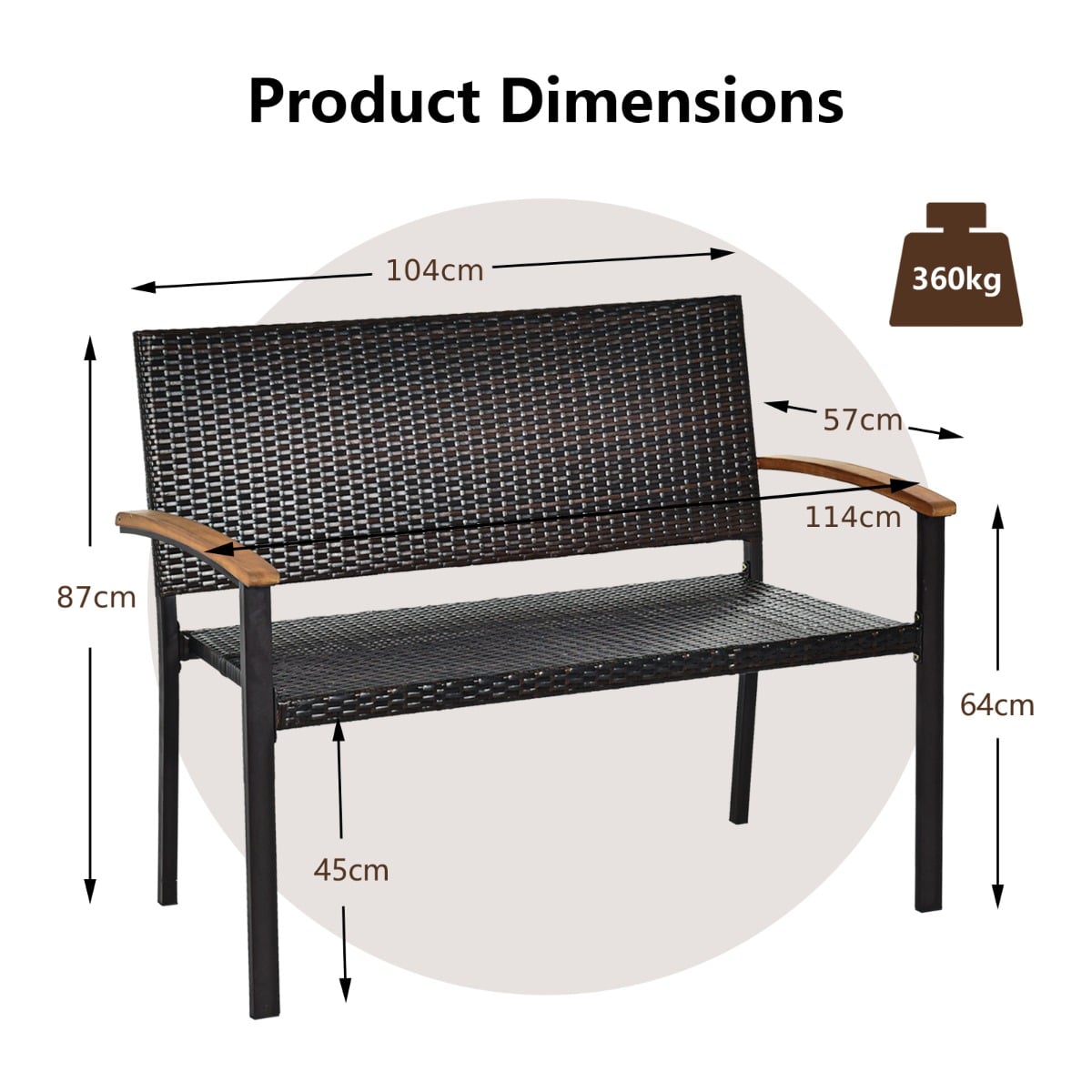 2-Person Outdoor Garden Stackable Bench with Acacia Wood Armrests