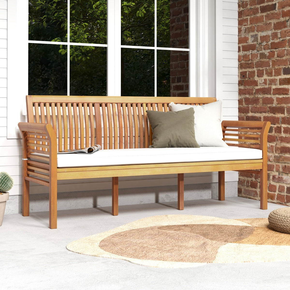 3-Person Porch Bench with High Backrest and Seat Cushion-White