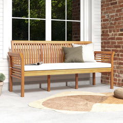 3-Person Porch Bench with High Backrest and Seat Cushion-White