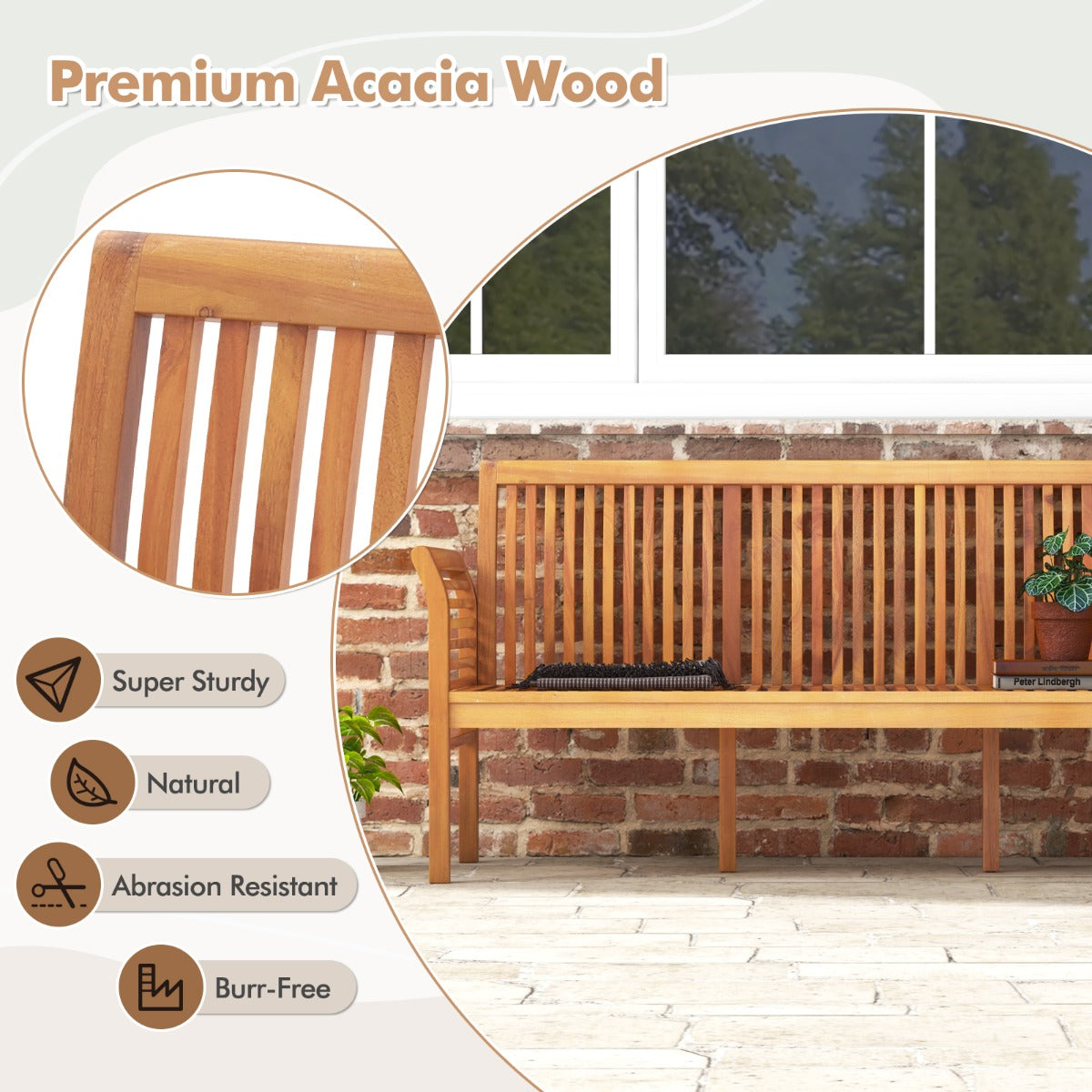 3-Person Porch Bench with High Backrest and Seat Cushion-White