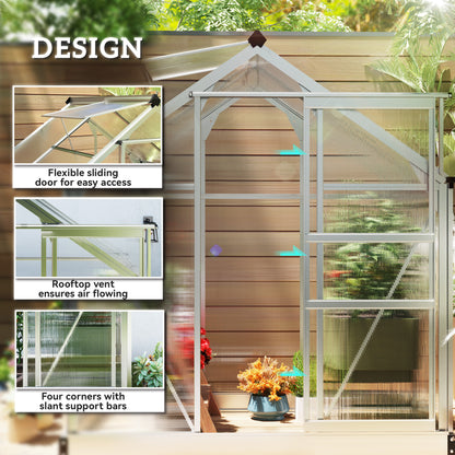 Outsunny Polycarbonate Greenhouse, Large Walk-In Green House with Slide Door and Window, Aluminium Frame, 6x4ft, Silver Tone