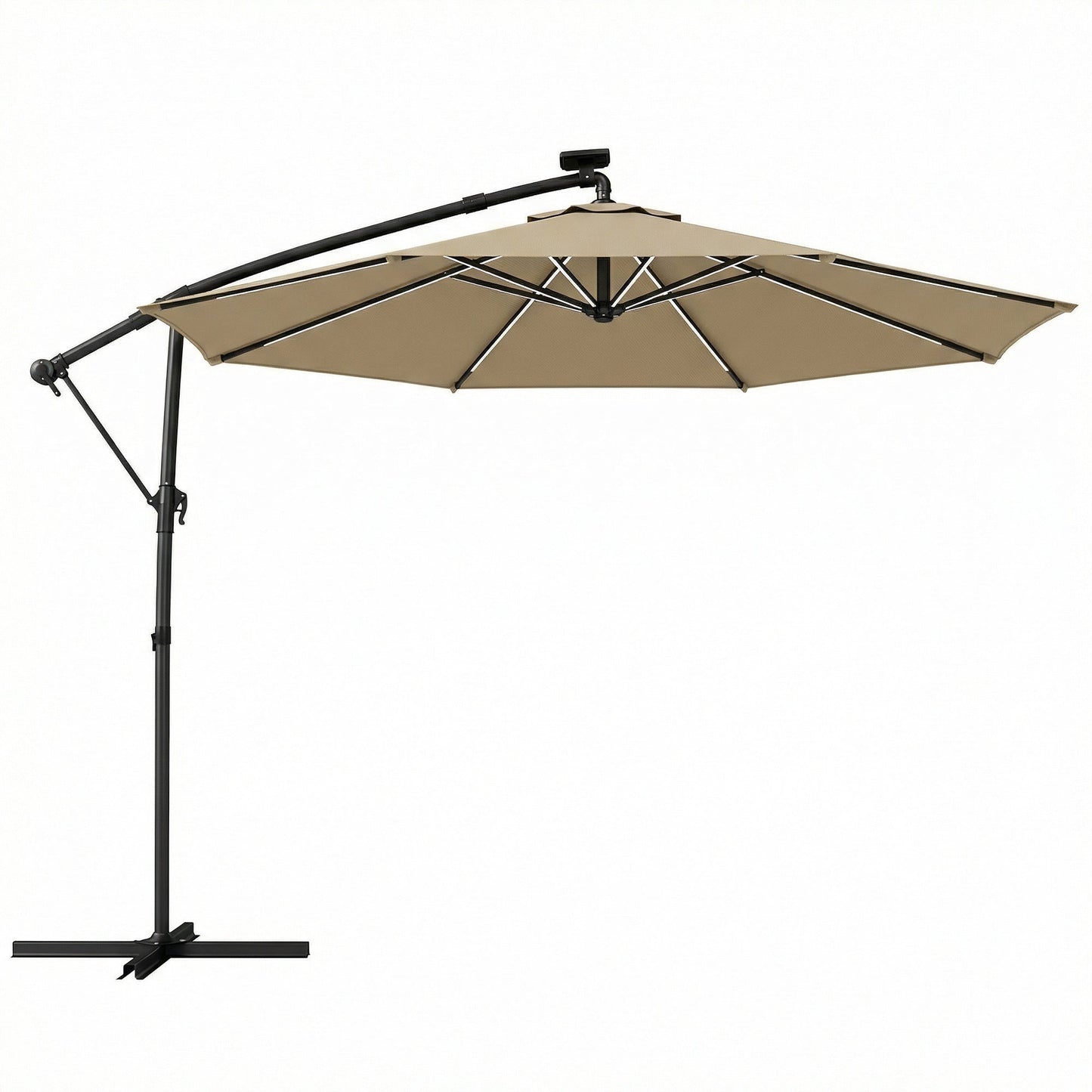 Outsunny 3 m Garden Cantilever Parasol with LED Solar Light, Round Overhanging Umbrella with 360 degrees Rotation, Cover, Khaki