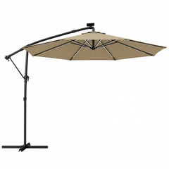 Outsunny 3 m Garden Cantilever Parasol with LED Solar Light, Round Overhanging Umbrella with 360 degrees Rotation, Cover, Khaki