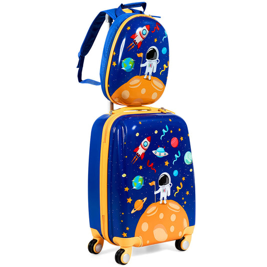 2 pcs Kids Suitcase + Backpack Plastic Trolley Children's Luggage Astronauts