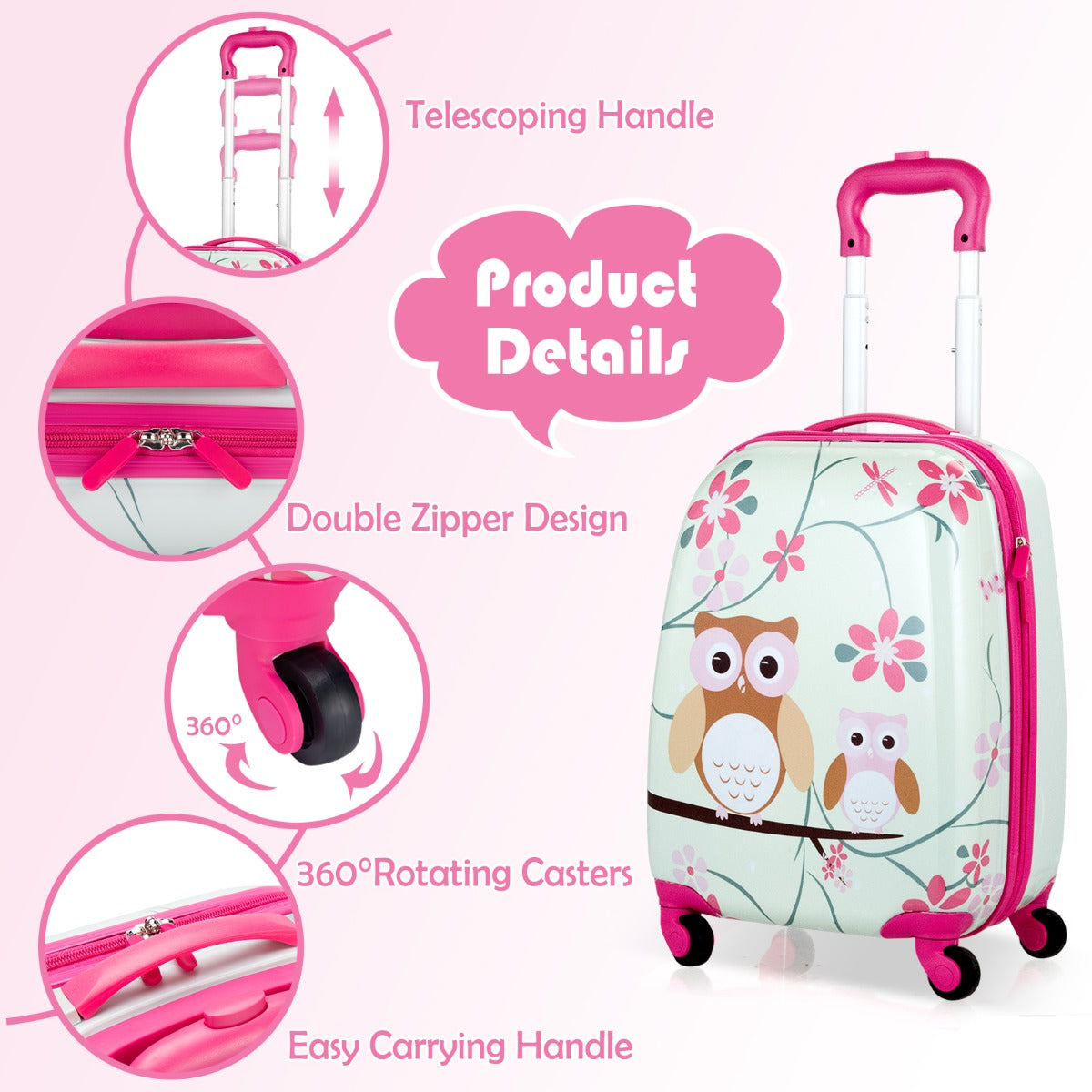 2 Pieces Kids Luggage Set with Carry-on Suitcase and Backpack-Owl