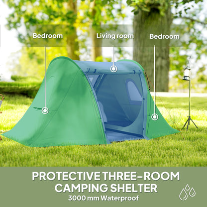Outsunny 3 Man Camping Tent with Living Area and 2 Bedrooms, 3000mm Waterproof Family Tent with Sewn-in Groundsheet and bag, Portable Dome Shelter for Hiking, Festival, Backpacking, Green