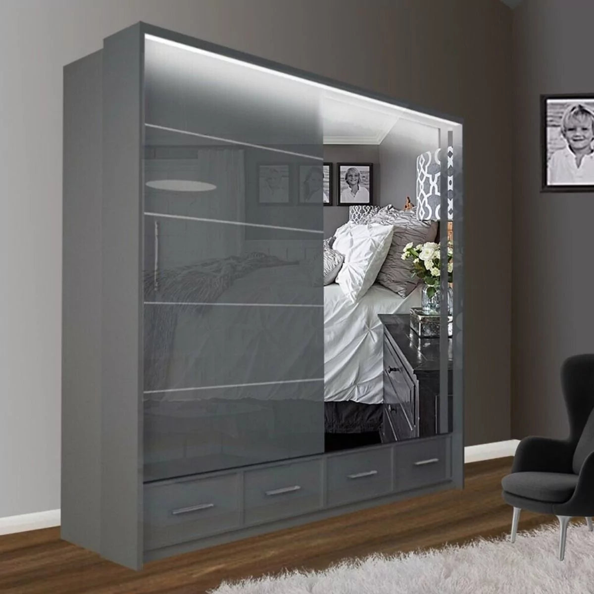 Cecilia High Gloss Grey Sliding Wardrobe 208cm