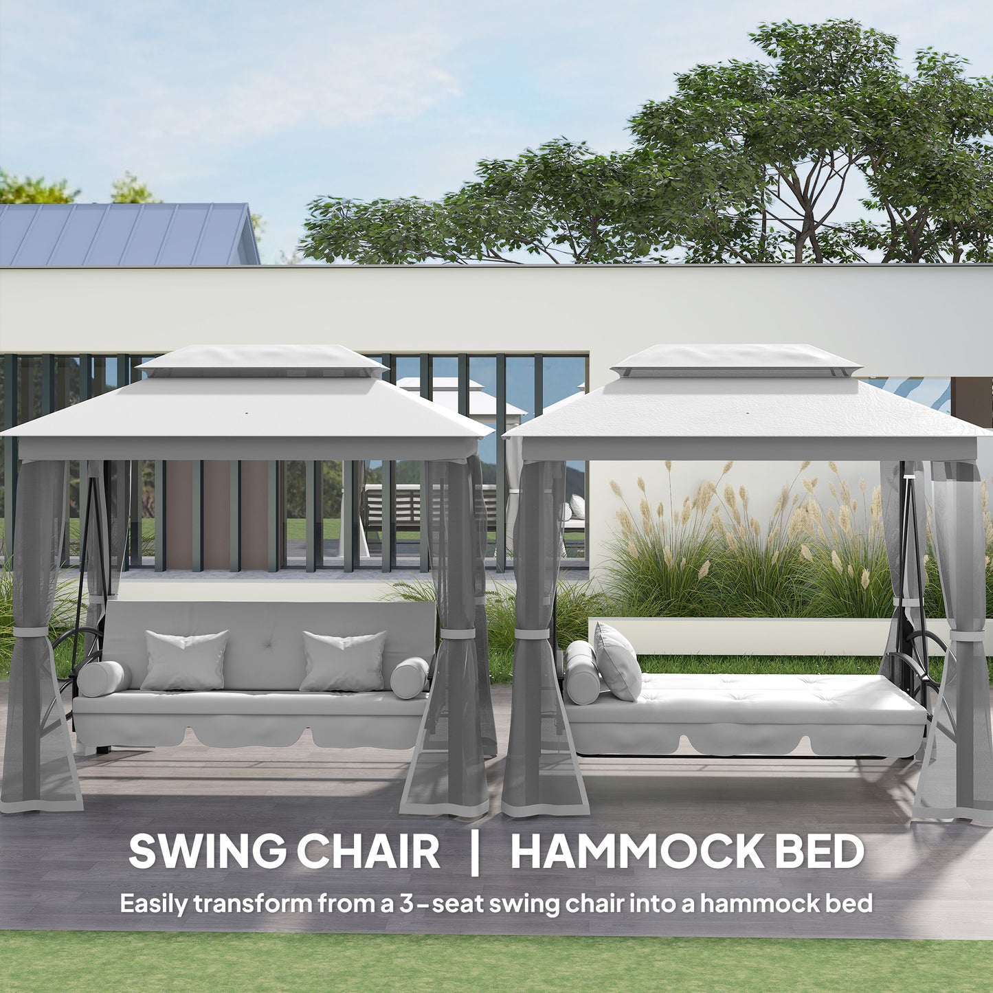 Outsunny 3 Seater Convertible Swing Chair, Outdoor Gazebo Swing Seat Bed with Double Tier Canopy, Cushioned Seat, Mesh Sidewalls, Light Grey
