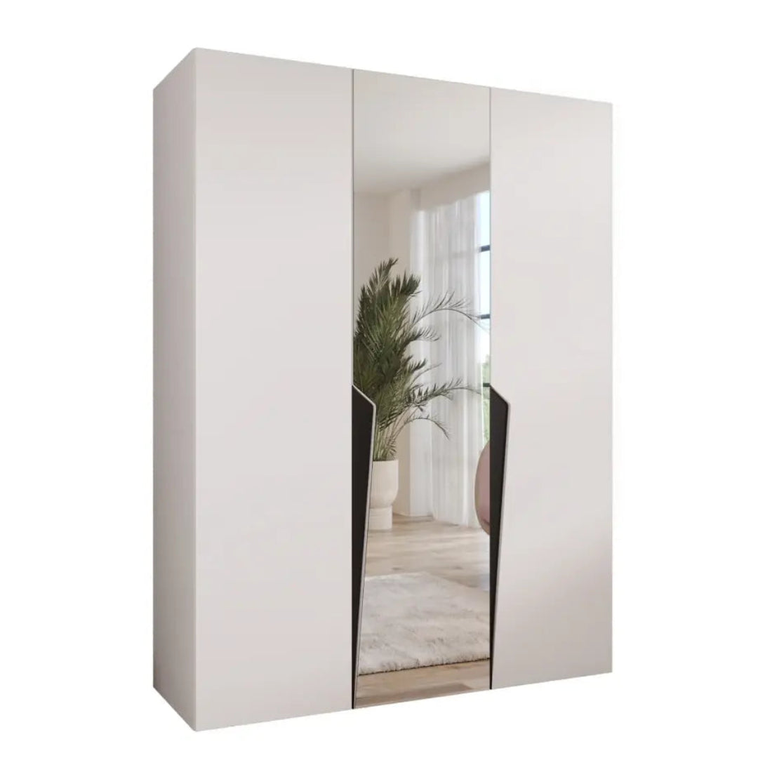 White wardrobe with a mirror on a white background