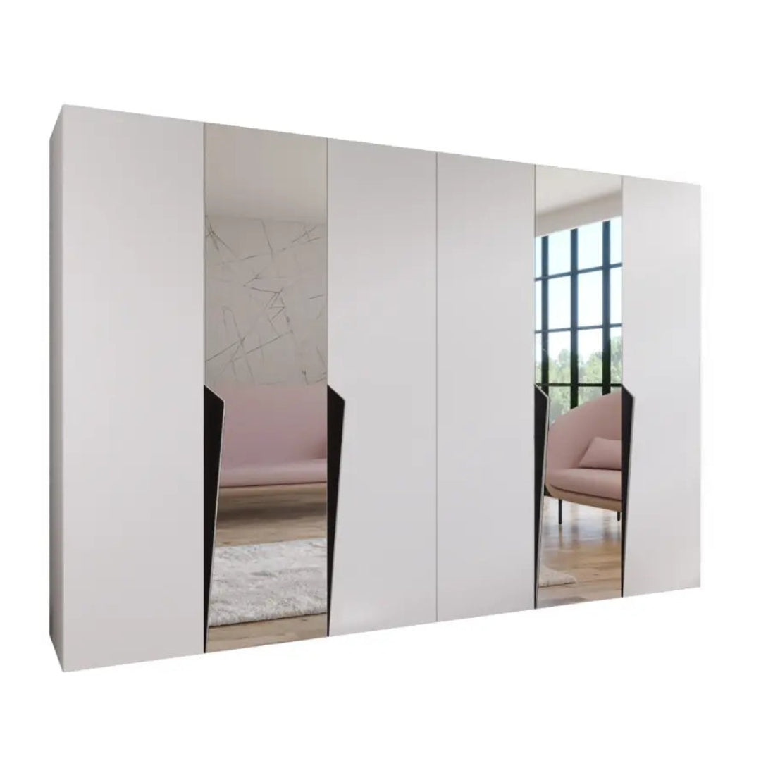 White wardrobe with mirror panels on a white background