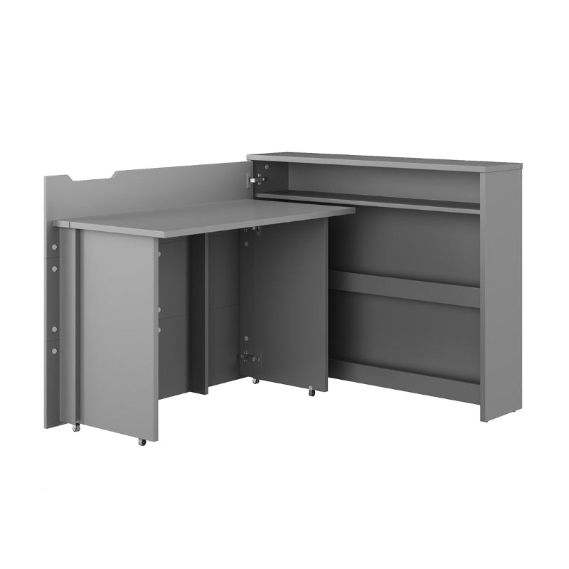 Gray L-shaped desk with storage shelves on a white background