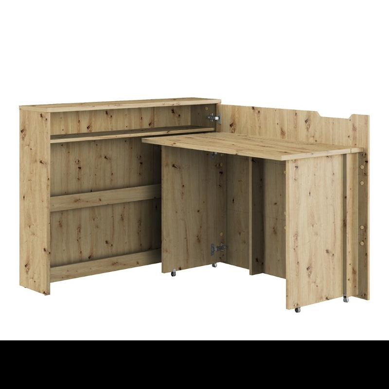 Wooden study desk with bookshelf on a white background