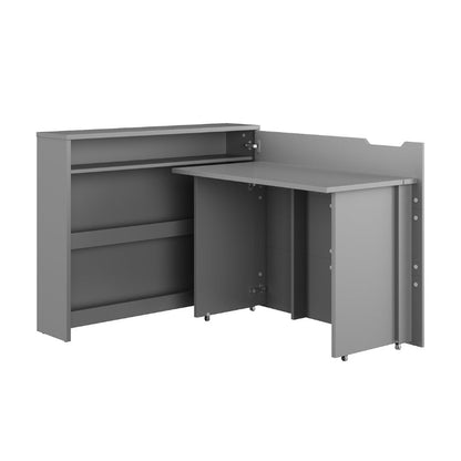 Gray L-shaped desk with storage shelves on a white background