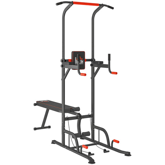 HOMCOM Multifunction Power Tower Home Workout Dip Station w/ Sit-up Bench Push-up Bars and Tension Ropes Fitness Equipment Office Gym Training