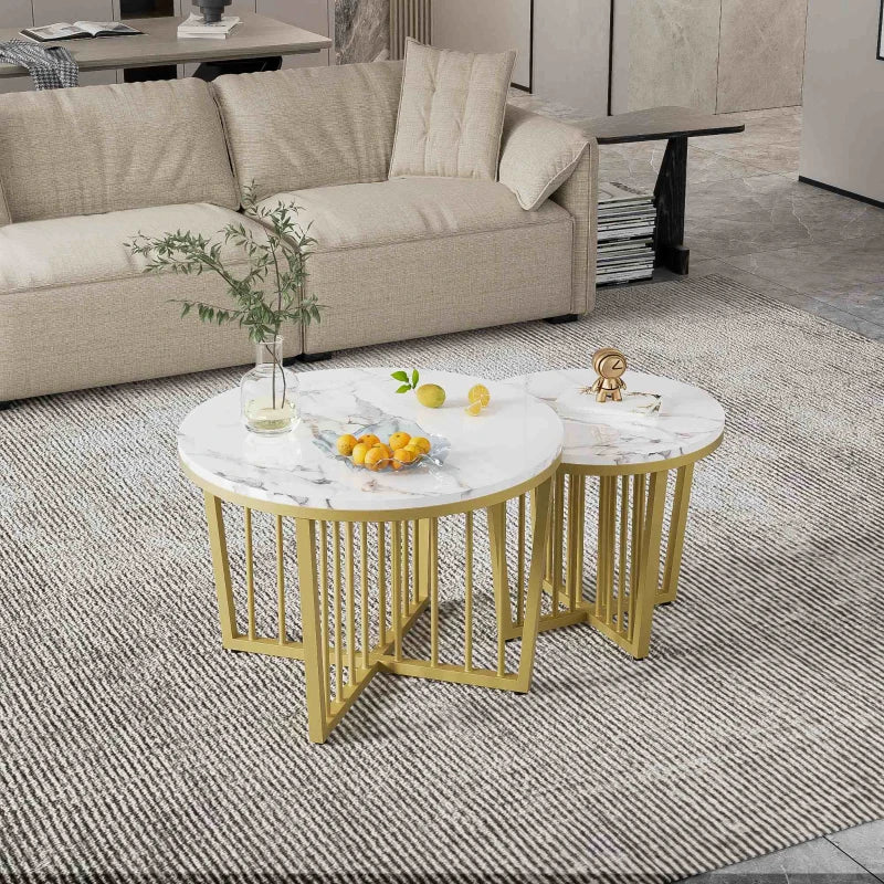 Modern Nesting Coffee Table Set, High Gloss Marble Look with Golden Iron Legs, 2 Piece Set, White