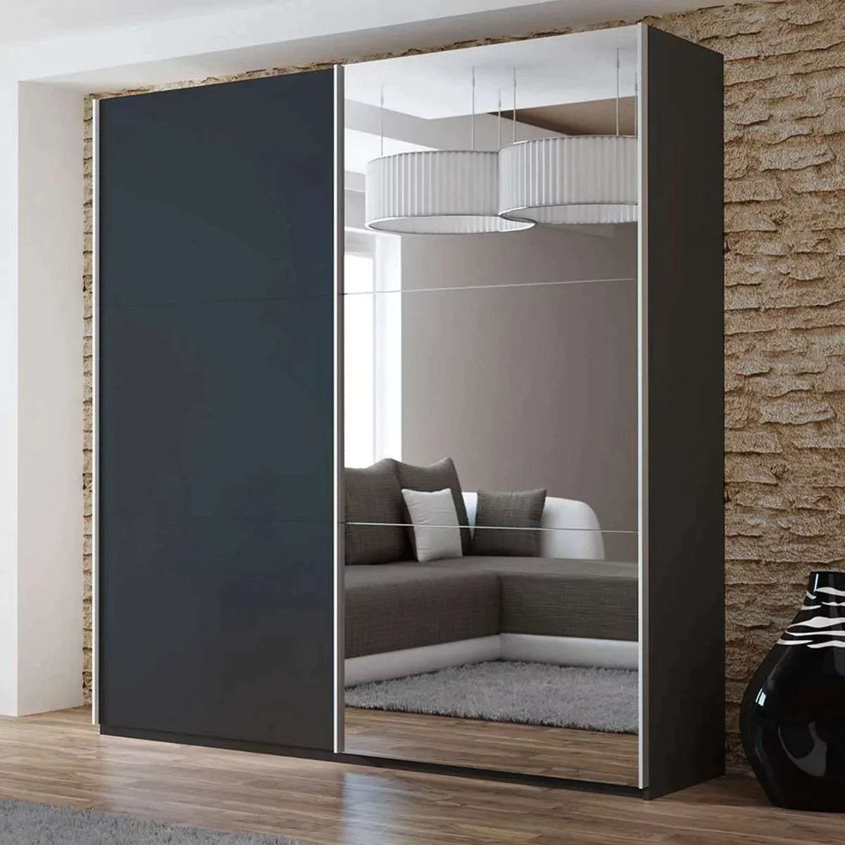 Boris Sliding Door 200cm Wardrobe with Mirror - Graphite, Black, White