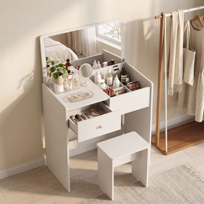 HOMCOM Vanity Desk with Mirror Dressing Table Drawer Set 6 Compartments Storage Stool White