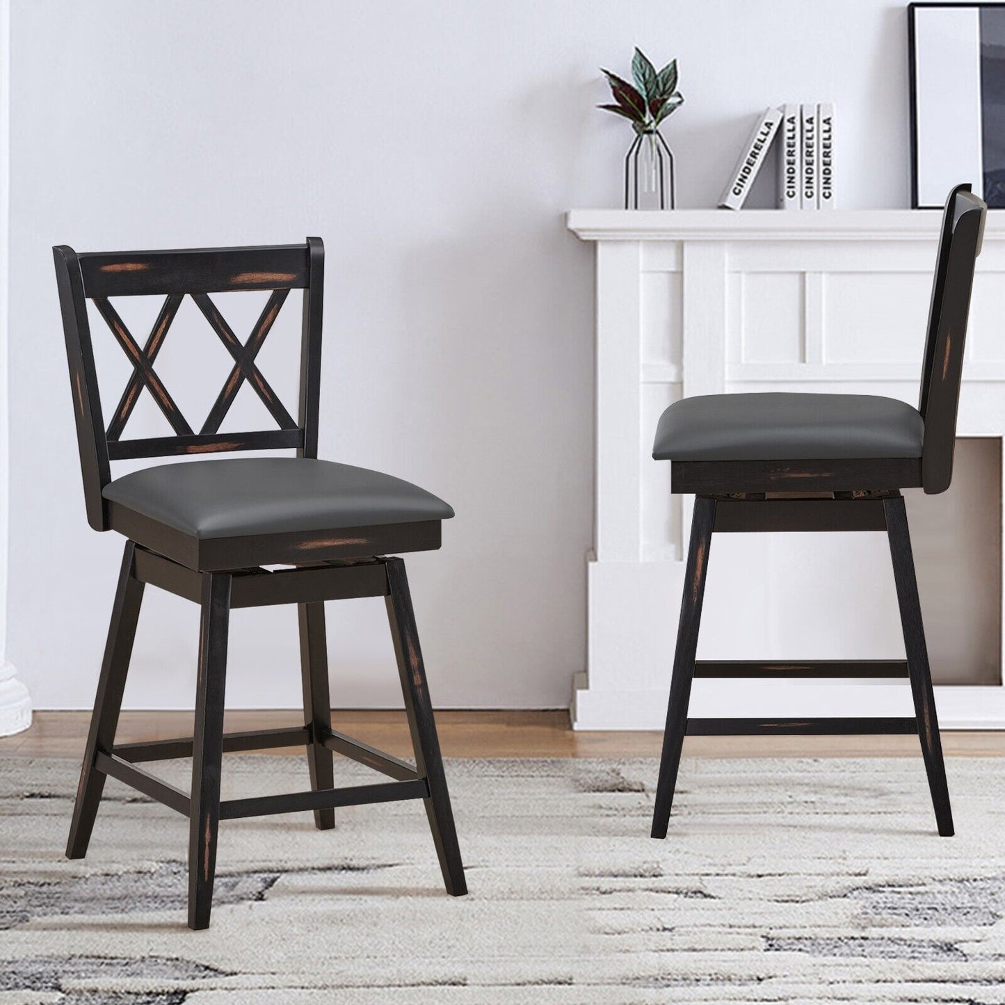 Set of 2 Counter Height Bar Stool with Ergonomic Backrest-Black